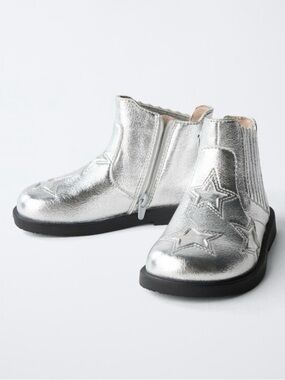 New Zara Girls Silver Metallic Faux Leather Ankle Boots Size 12